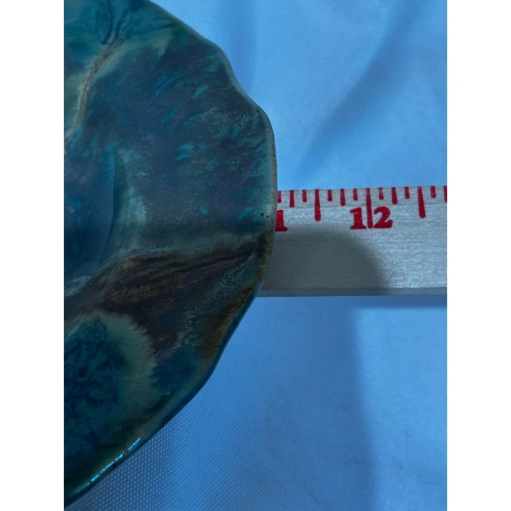 Shaun Malli Pottery Oval Ceramic Platter Teal Brown Bamboo Etched 11.5